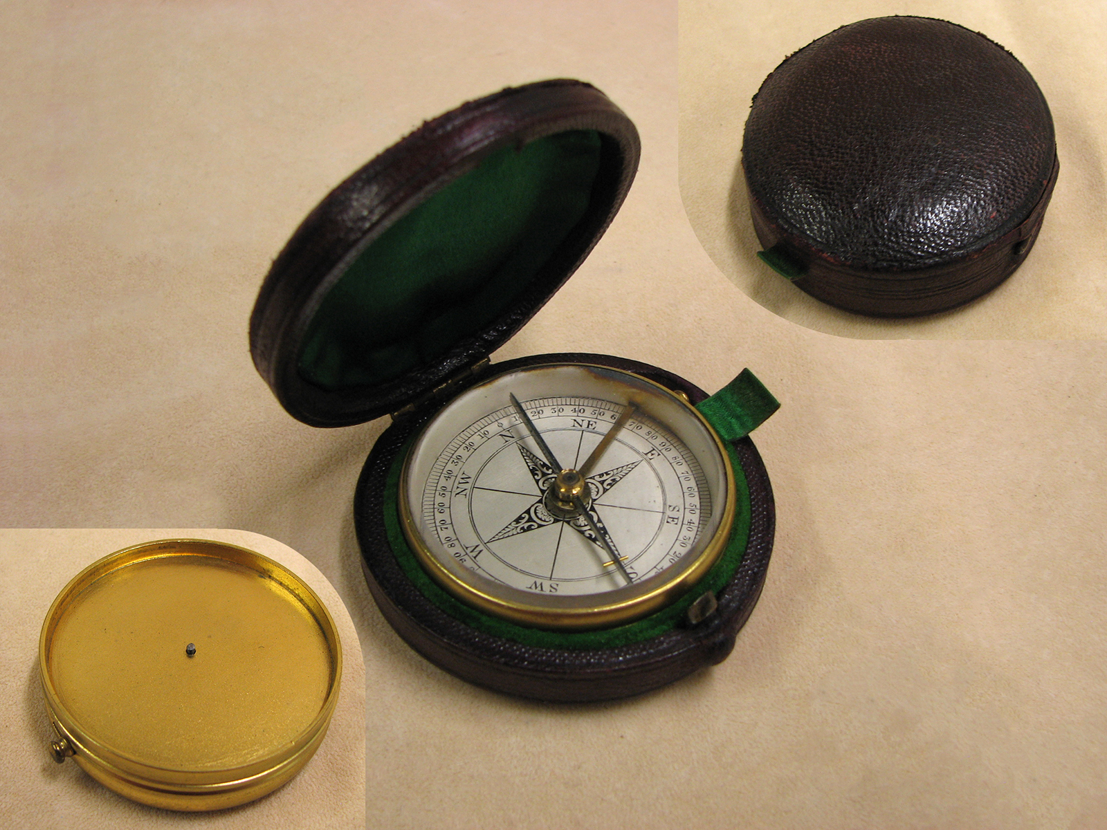 Antique brass pocket compass with aluminium dial in leather case